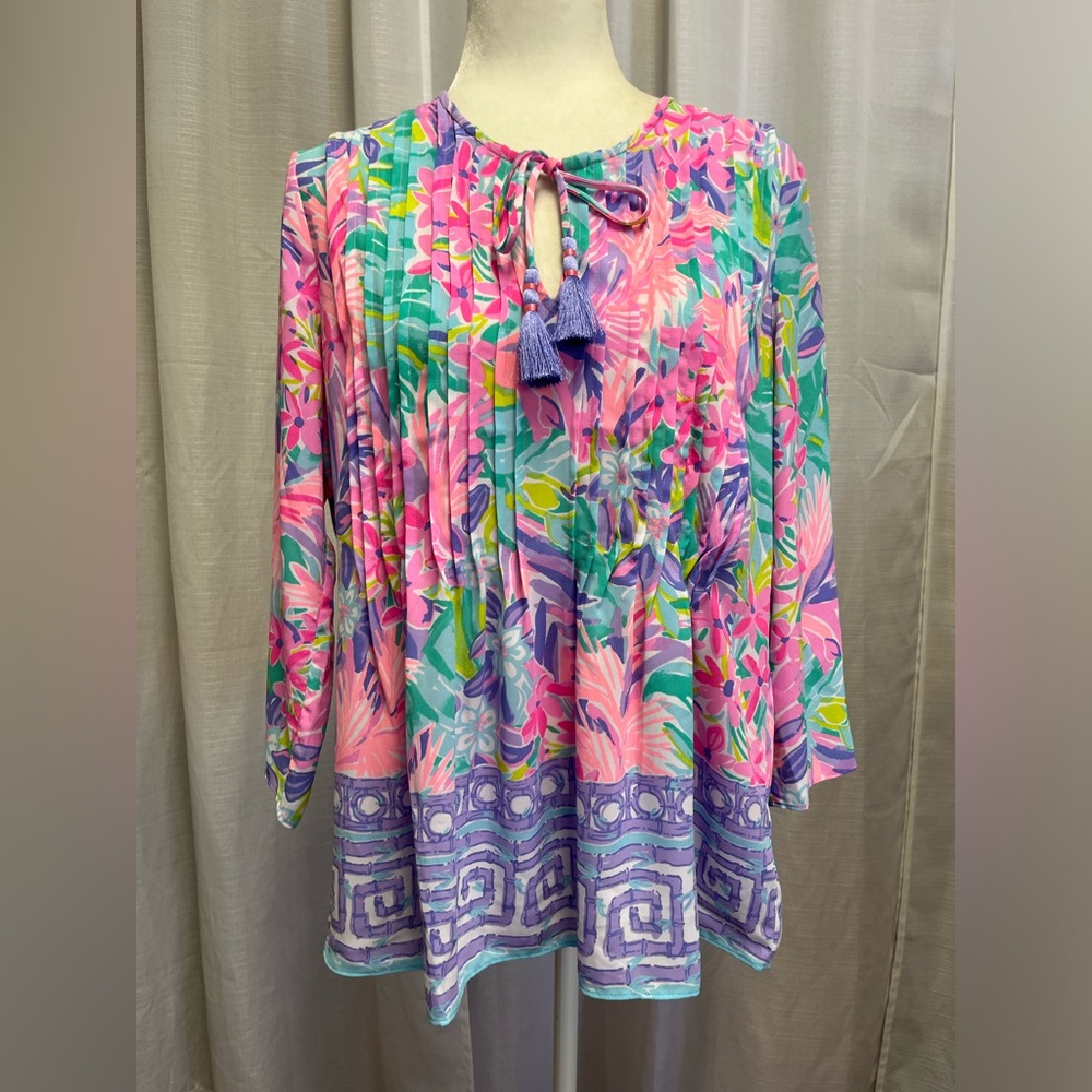 Lilly Pulitzer Pink Blue Floral Tassel-Front Blouse